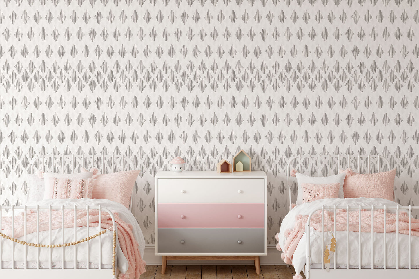 Grey/Gray boho diamonds on white background easy to install and remove peel and stick custom wallpaper available in different lengths/sizes locally created and printed in Canada. Removable, washable, durable, commercial grade, customizable and water proof.