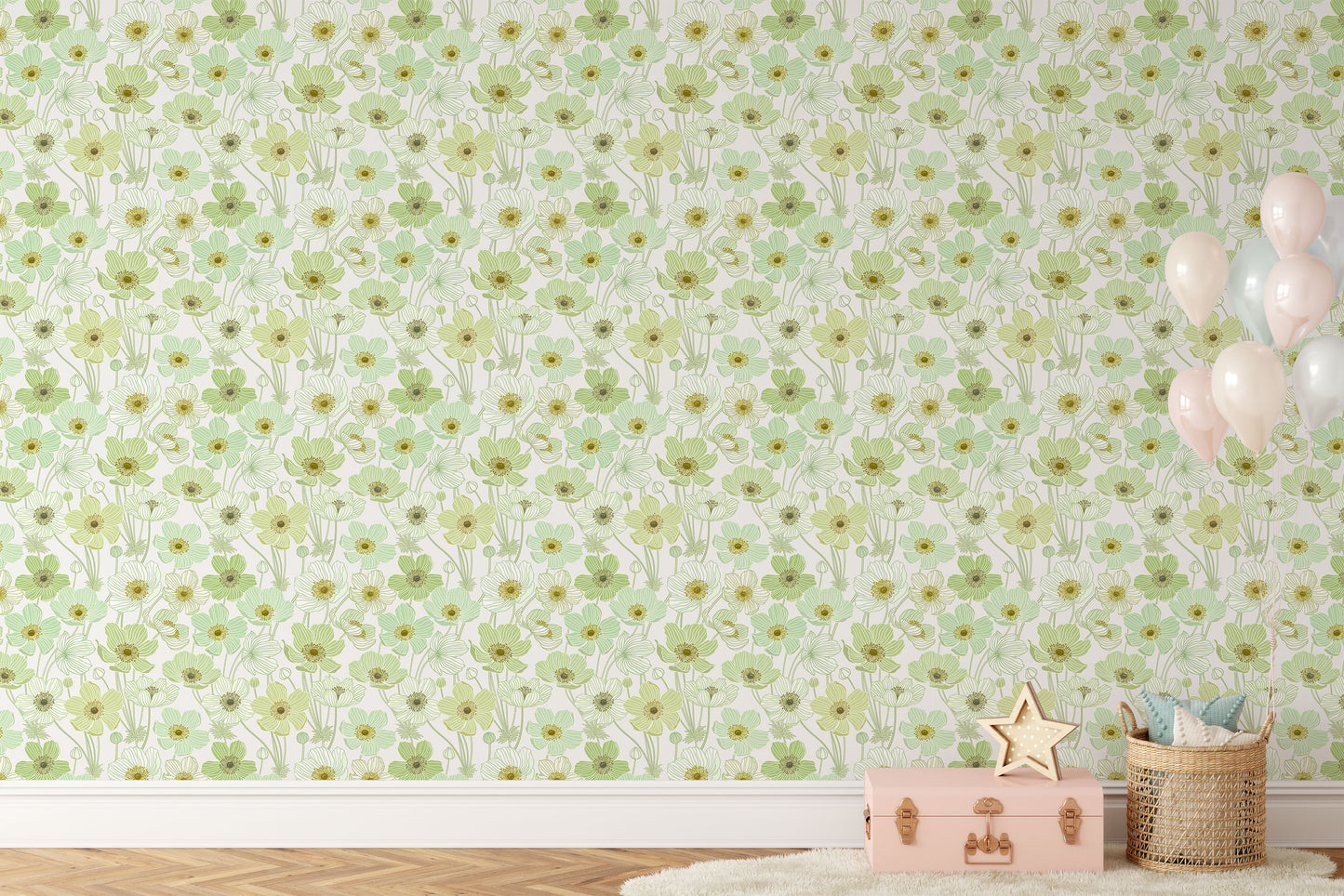 Light yellow and mint green dainty floral design on white background easy to install and remove peel and stick custom wallpaper available in different lengths/sizes locally created and printed in Canada Artichoke wallpaper. Washable, durable, commercial grade, removable and waterproof.
