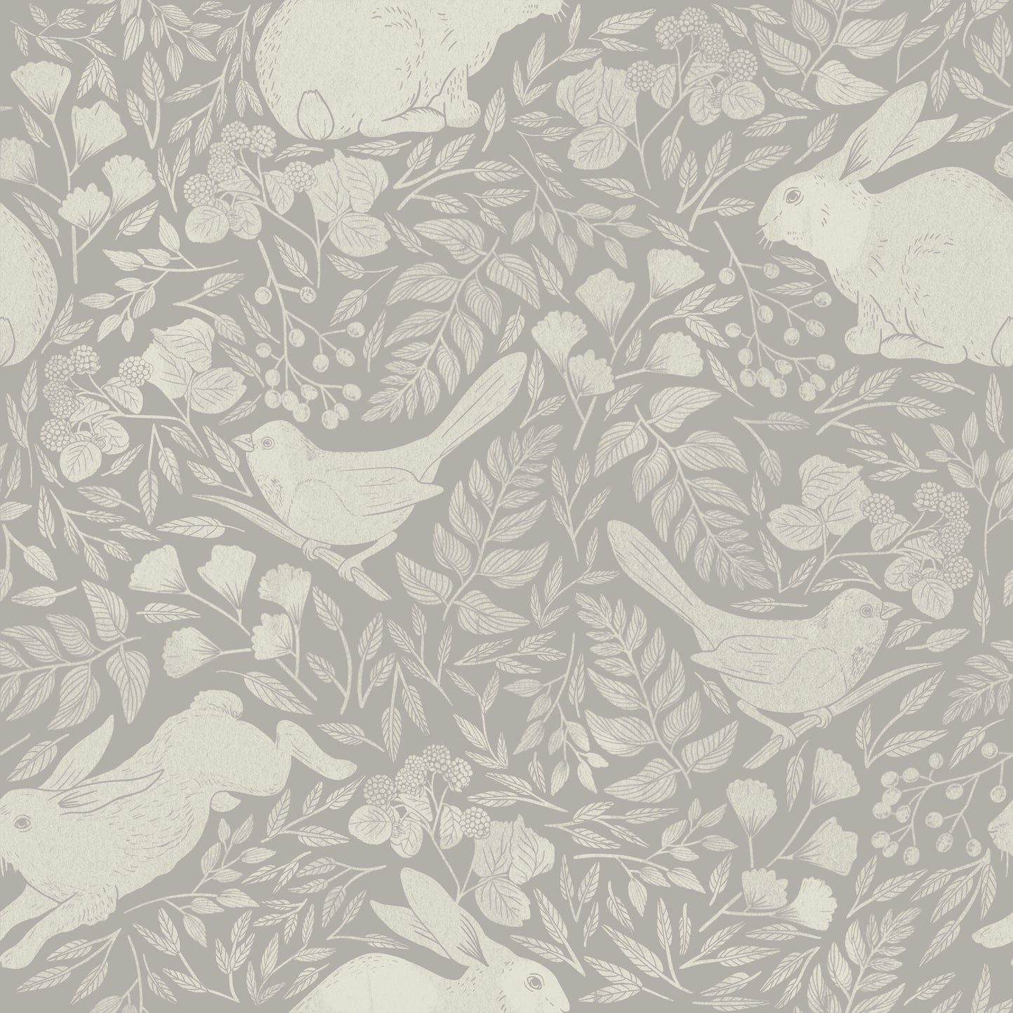 Cream bunny/rabbit and bird pattern on light grey/gray background easy to install and remove peel and stick custom wallpaper available in different lengths/sizes locally created and printed in Canada Artichoke wallpaper. Washable, durable, commercial grade, removable and waterproof.