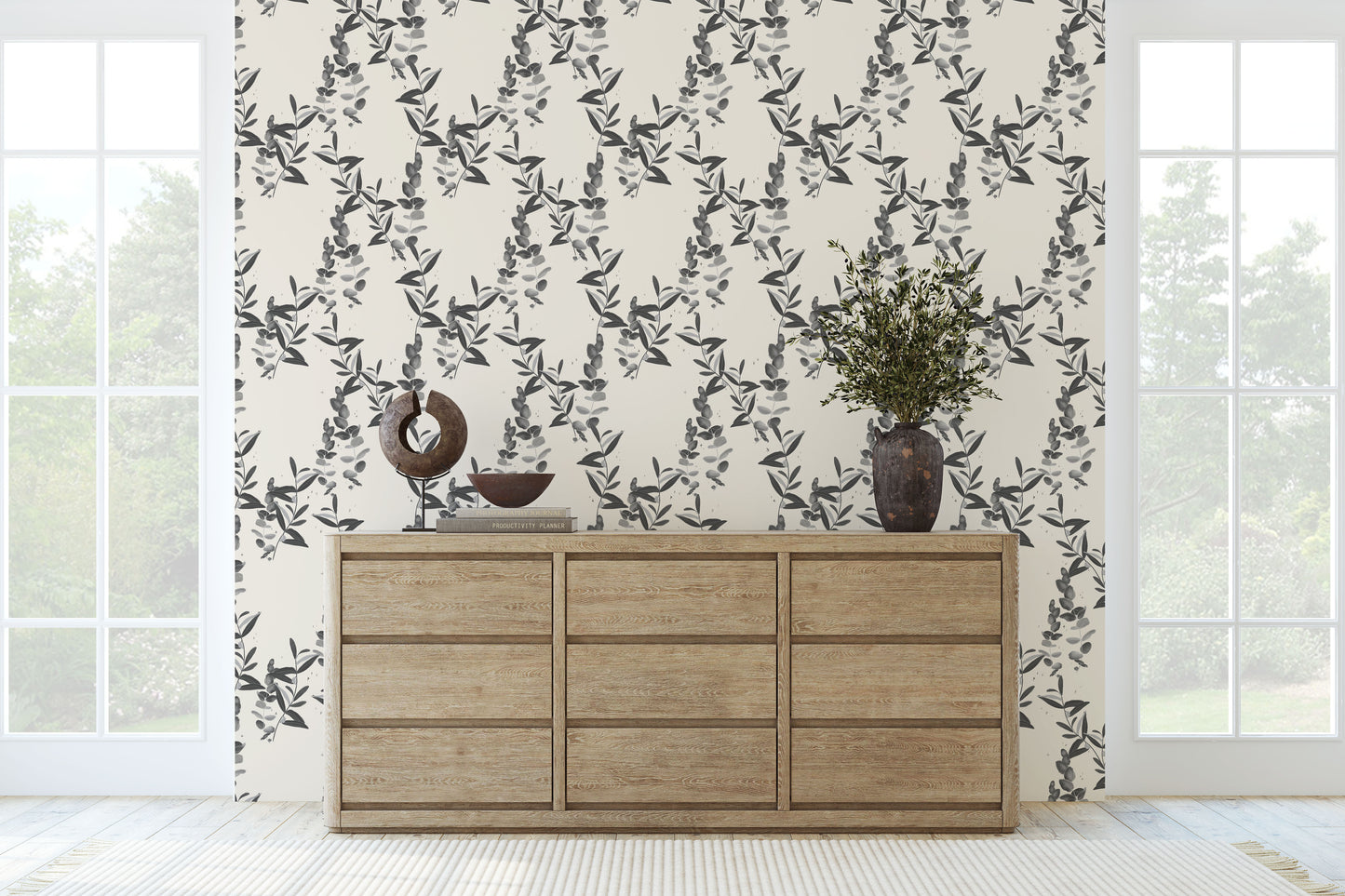 Muted green/grey/gray eucalyptus & olive foliage/leaves on cream background easy to install and remove peel and stick custom wallpaper available in different lengths/sizes locally created and printed in Canada. Removable, washable, durable, commercial grade, customizable and water proof.