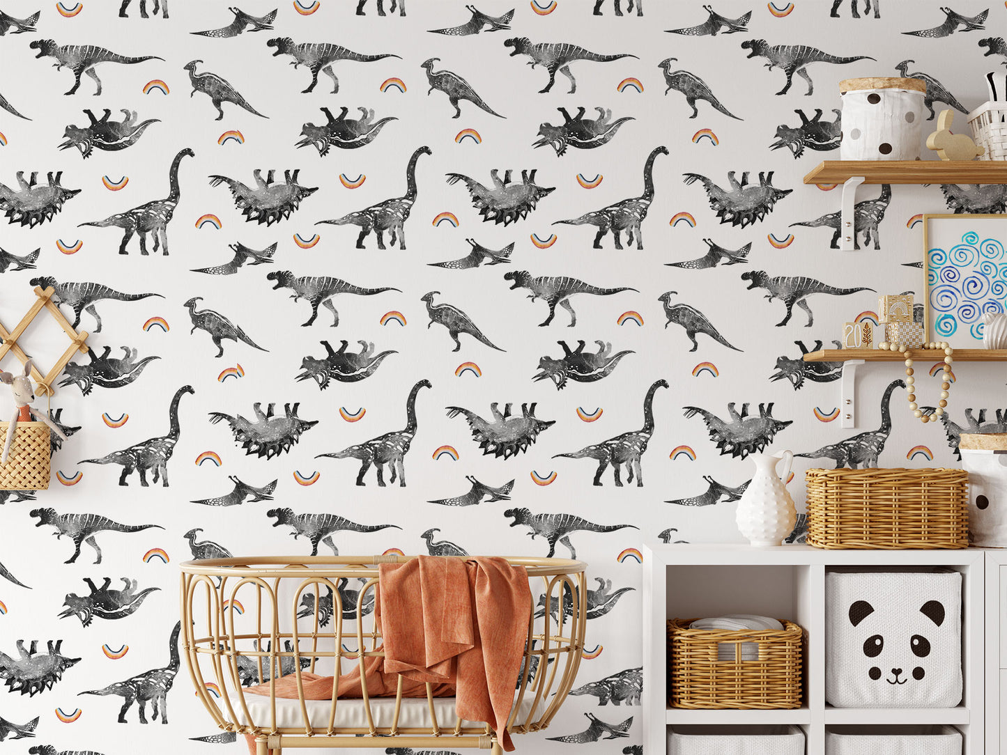 Sponge print charcoal grey/gray dino's dinosaur and little rainbow print on white background easy to install and remove peel and stick custom wallpaper available in different lengths/sizes locally created and printed in Canada Artichoke wallpaper. Washable, durable, commercial grade, removable and waterproof.
