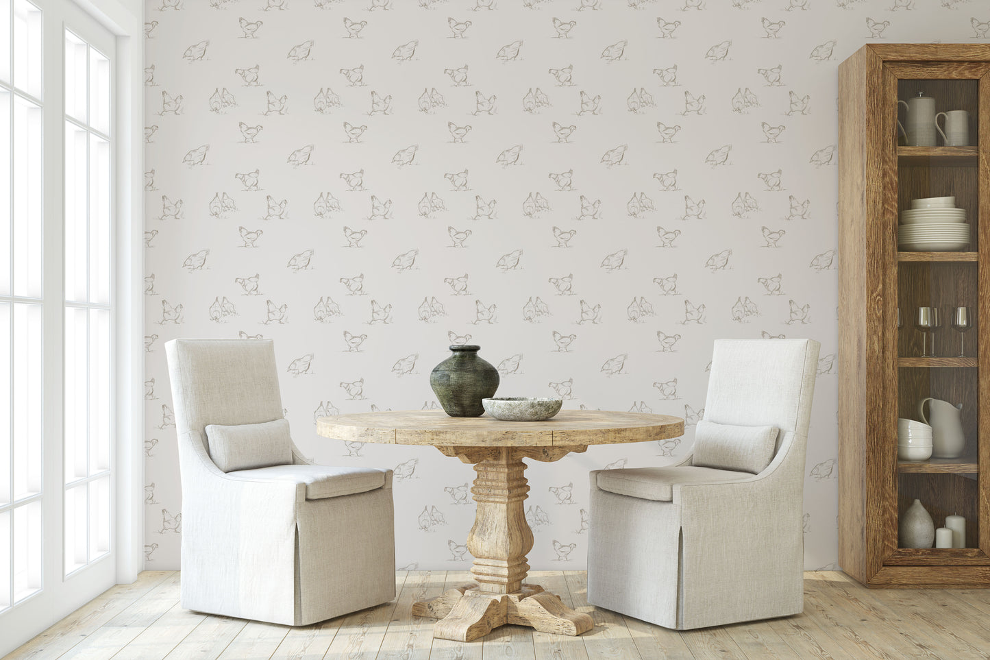 Light grey/gray chicken pattern on cream background easy to install and remove peel and stick custom wallpaper available in different lengths/sizes locally created and printed in Canada Artichoke wallpaper. Washable, durable, commercial grade, removable and waterproof.