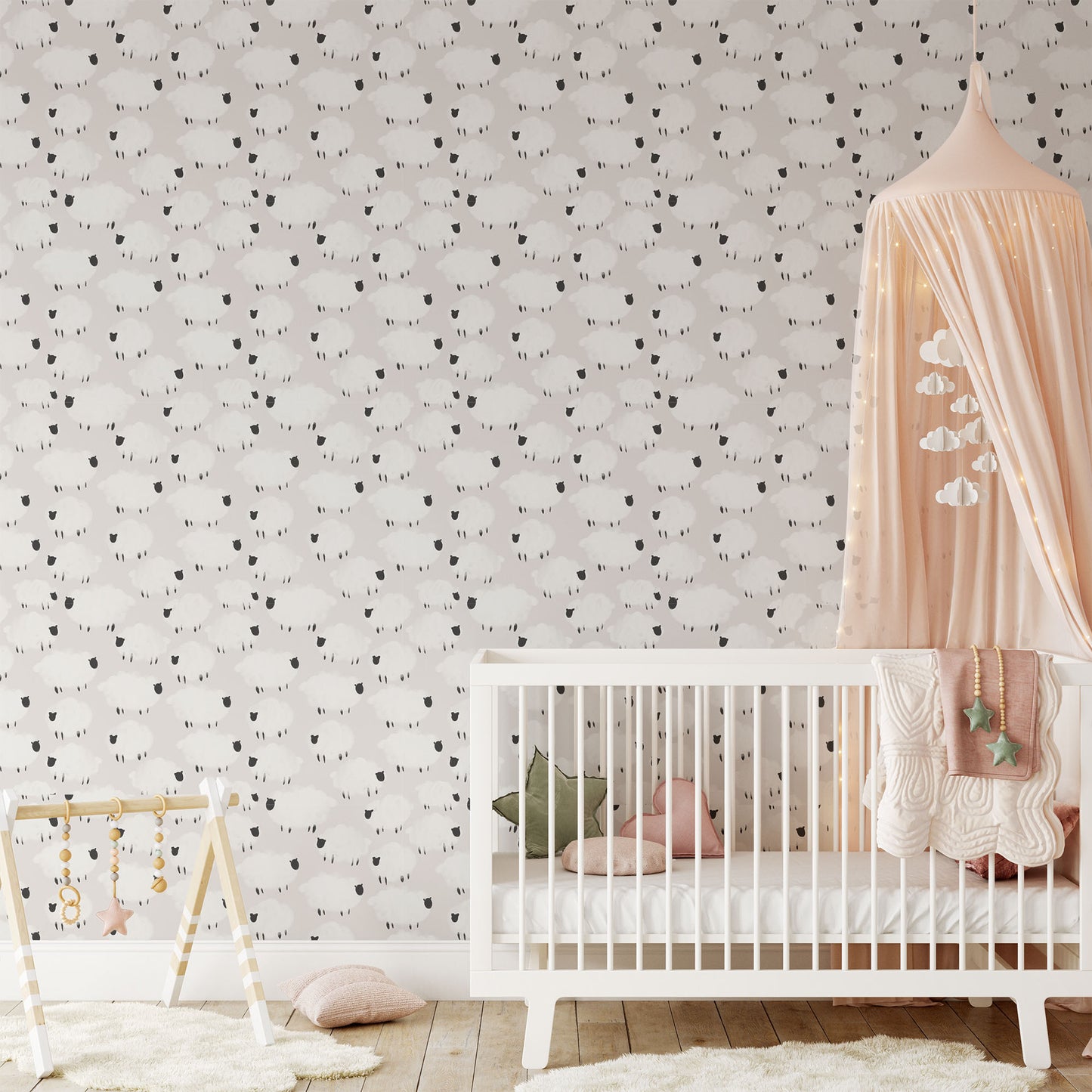 Counting sheep cute lambs on pastel pink background easy to install and remove peel and stick custom wallpaper available in different lengths/sizes locally created and printed in Canada. Removable, washable, durable, commercial grade, customizable and water proof.