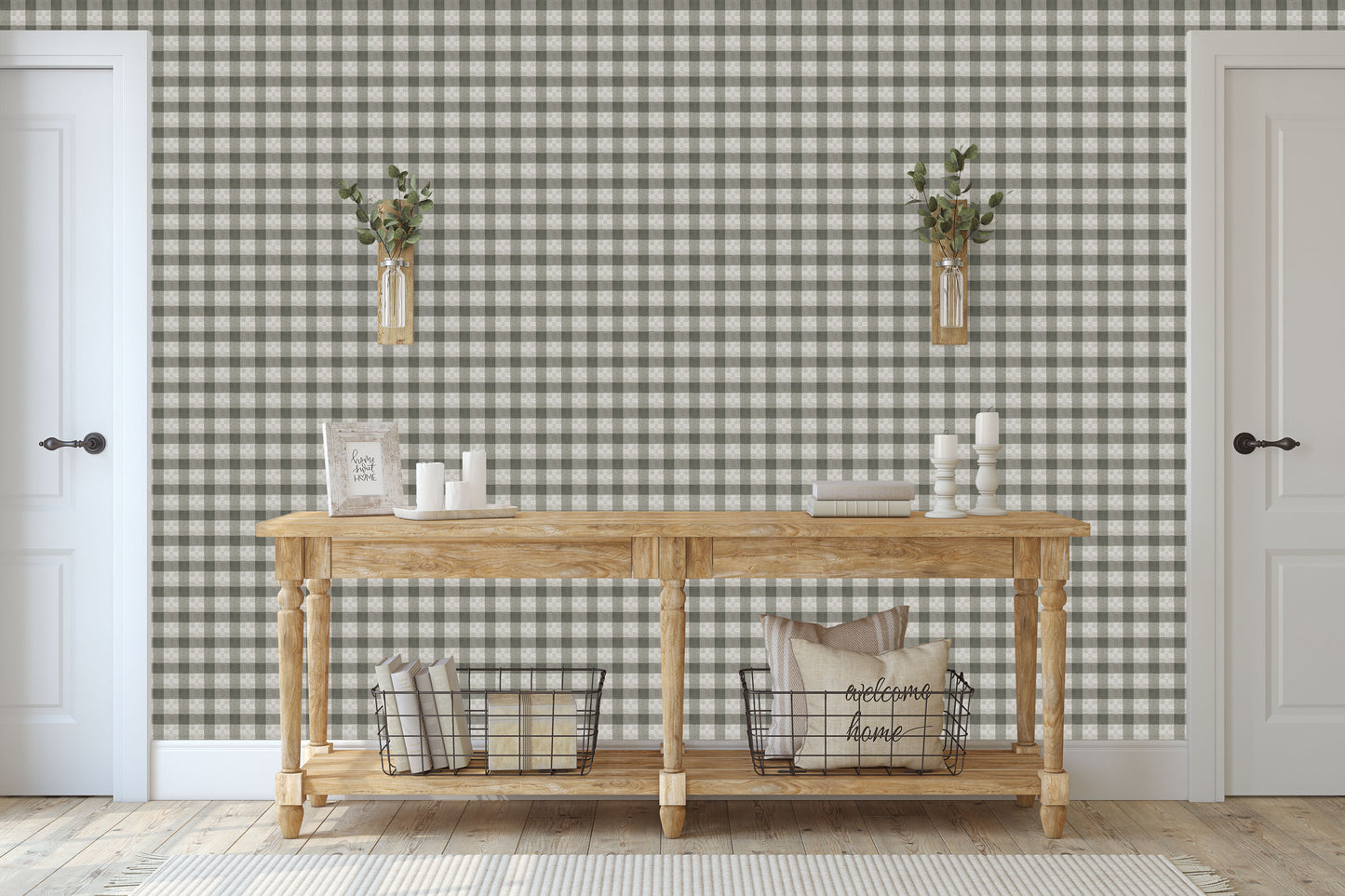 Small print green and cream woven plaid pattern easy to install and remove peel and stick custom wallpaper available in different lengths/sizes locally created and printed in Canada. Removable, washable, durable, commercial grade, customizable and water proof.