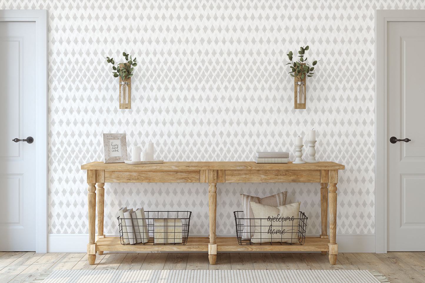 Grey/Gray boho diamonds on white background easy to install and remove peel and stick custom wallpaper available in different lengths/sizes locally created and printed in Canada. Removable, washable, durable, commercial grade, customizable and water proof.