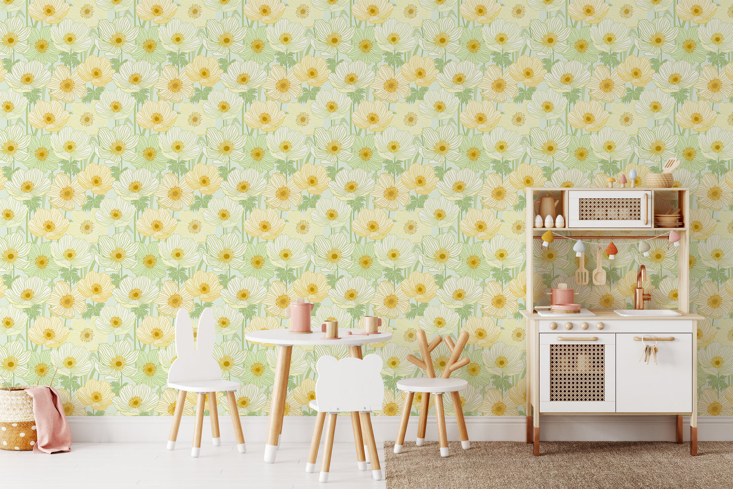 Summer meadow yellow/green poppy floral print cream background easy to install and remove peel and stick custom wallpaper available in different lengths/sizes locally created and printed in Canada wallpaper. Washable, durable, commercial grade, removable and waterproof.