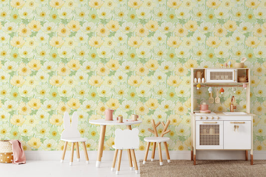 Summer meadow yellow/green poppy floral print cream background easy to install and remove peel and stick custom wallpaper available in different lengths/sizes locally created and printed in Canada wallpaper. Washable, durable, commercial grade, removable and waterproof.