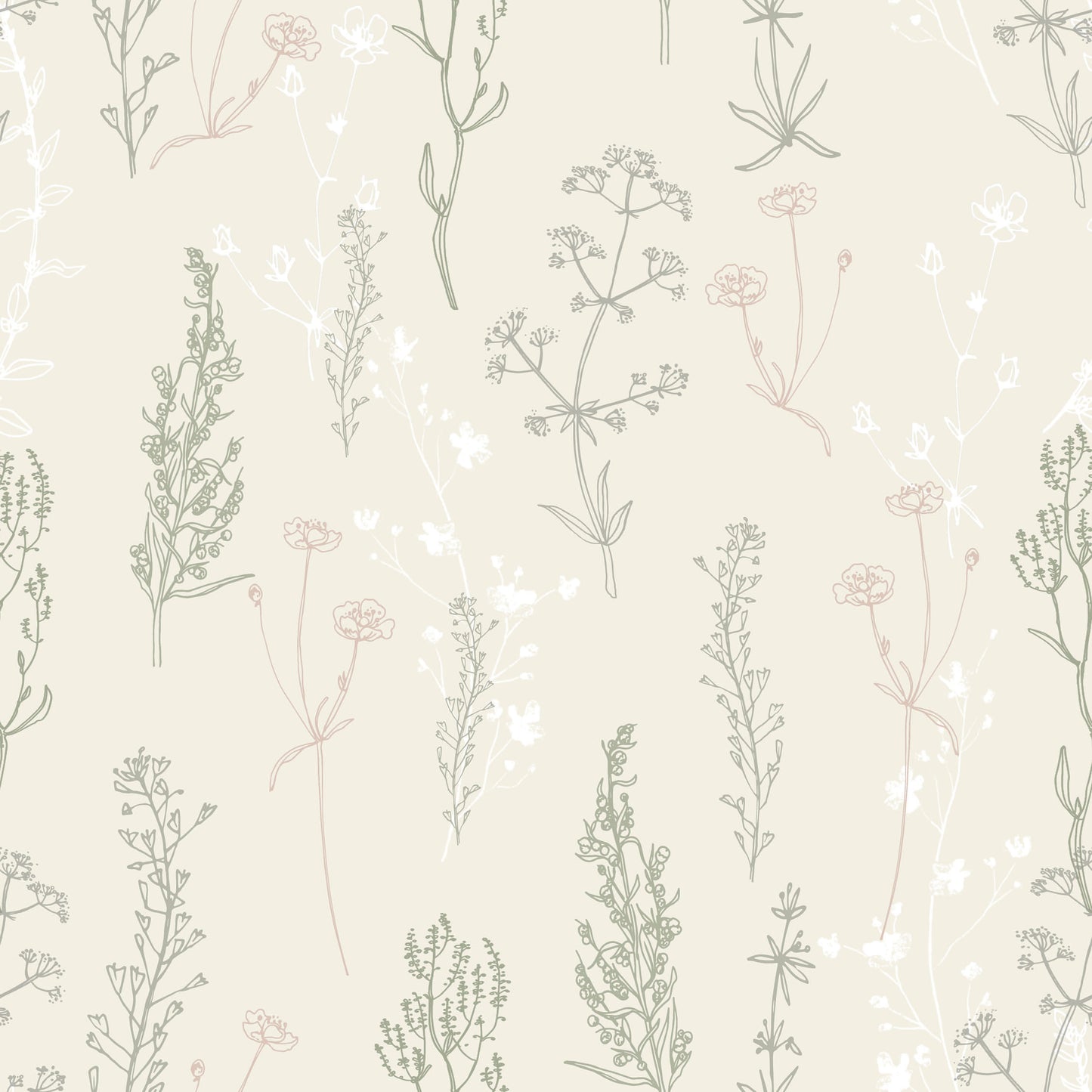 Taupe dainty flower wildflower print cream background easy to install and remove peel and stick custom wallpaper available in different lengths/sizes locally created and printed in Canada wallpaper. Washable, durable, commercial grade, removable and waterproof.
