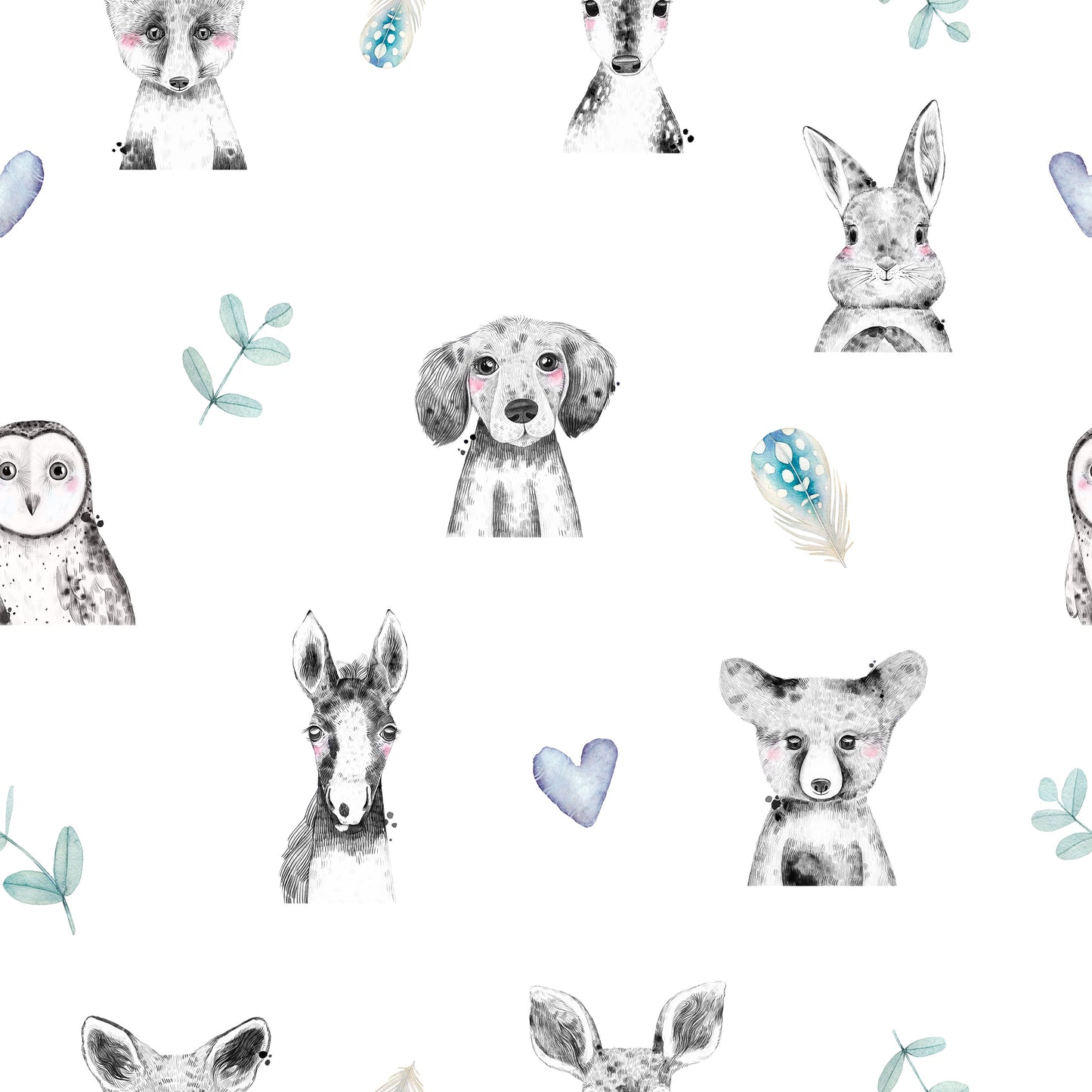 Turquoise friends owl, dog, fox, bunny and horse hand drawn design with turquoise accents on background easy to install and remove peel and stick custom wallpaper available in different lengths/sizes locally created and printed in Canada wallpaper. Washable, durable, commercial grade, removable and waterproof.