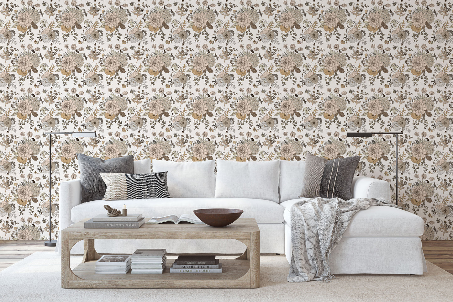 Vintage boho bouquet taupe, brown and cream floral bouquet print on white background easy to install and remove peel and stick custom wallpaper available in different lengths/sizes locally created and printed in Canada wallpaper. Washable, durable, commercial grade, removable and waterproof.