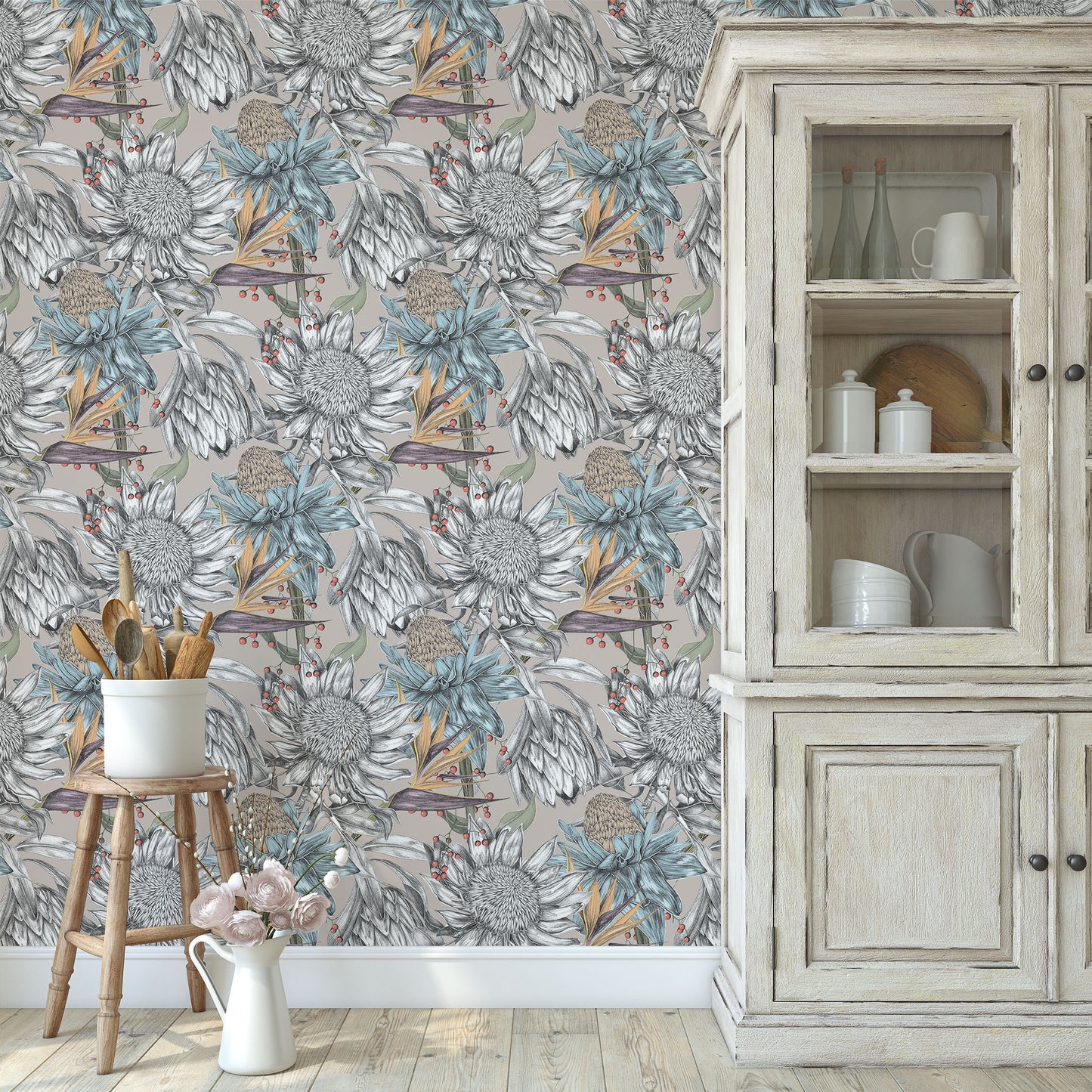 Fun yellow, blue, grey and green Viola bouquet on white background easy to install and remove peel and stick custom wallpaper available in different lengths/sizes locally created and printed in Canada wallpaper. Washable, durable, commercial grade, removable and waterproof.