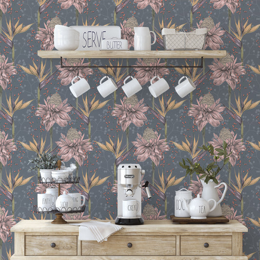 Foral paradise rose/pink and green floral print with yellow, brown and green birds of paradise flowers on charcoal grey/gray background easy to install and remove peel and stick custom wallpaper available in different lengths/sizes locally created and printed in Canada. Removable, washable, durable, commercial grade, customizable and water proof.