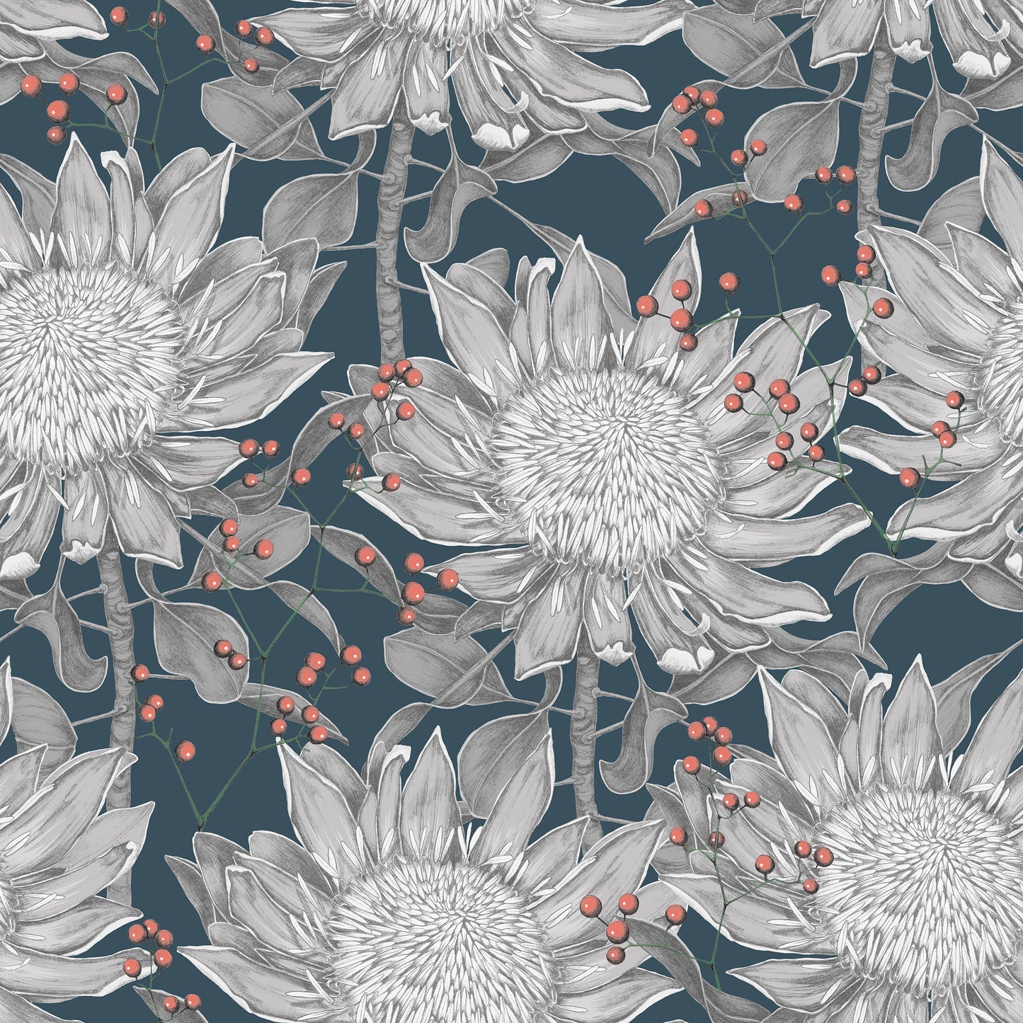 Whimsical grey/gray sunflower pattern wild berry design on blue background easy to install and remove peel and stick custom wallpaper available in different lengths/sizes locally created and printed in Canada wallpaper. Washable, durable, commercial grade, removable and waterproof.