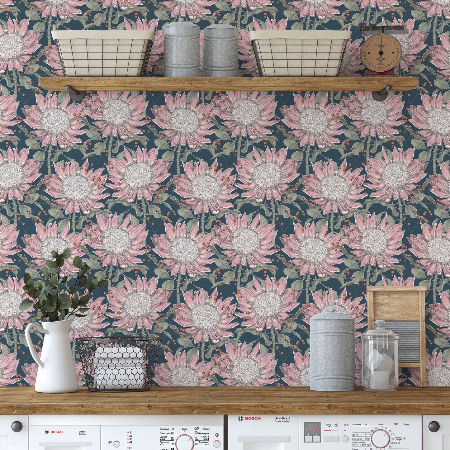 Whimsical pink and green sunflower pattern wild berry design on blue background easy to install and remove peel and stick custom wallpaper available in different lengths/sizes locally created and printed in Canada wallpaper. Washable, durable, commercial grade, removable and waterproof.