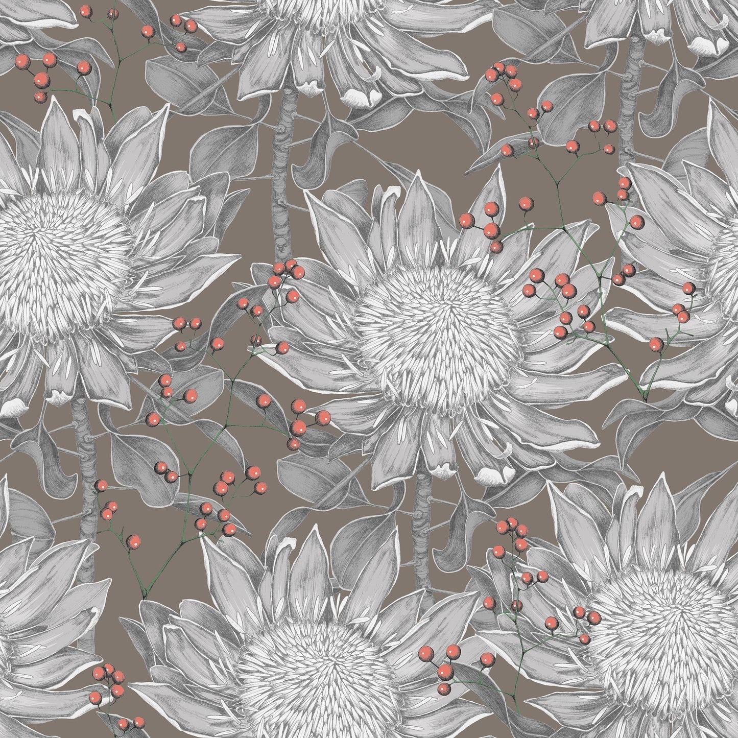 Whimsical white and grey/gray sunflower pattern wild berry design on brown background easy to install and remove peel and stick custom wallpaper available in different lengths/sizes locally created and printed in Canada wallpaper. Washable, durable, commercial grade, removable and waterproof.