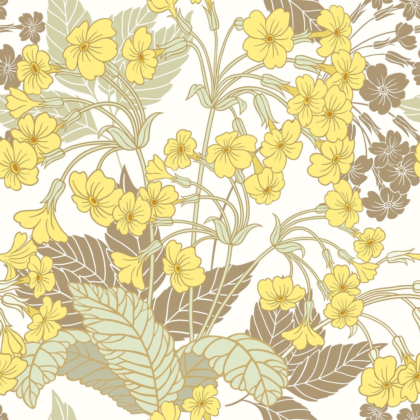 Whimsical yellow and brown vintage primrose floral pattern on cream background easy to install and remove peel and stick custom wallpaper available in different lengths/sizes locally created and printed in Canada wallpaper. Washable, durable, commercial grade, removable and waterproof.