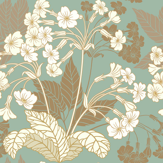 Whimsical cream and brown vintage primrose floral pattern on teal background easy to install and remove peel and stick custom wallpaper available in different lengths/sizes locally created and printed in Canada wallpaper. Washable, durable, commercial grade, removable and waterproof.