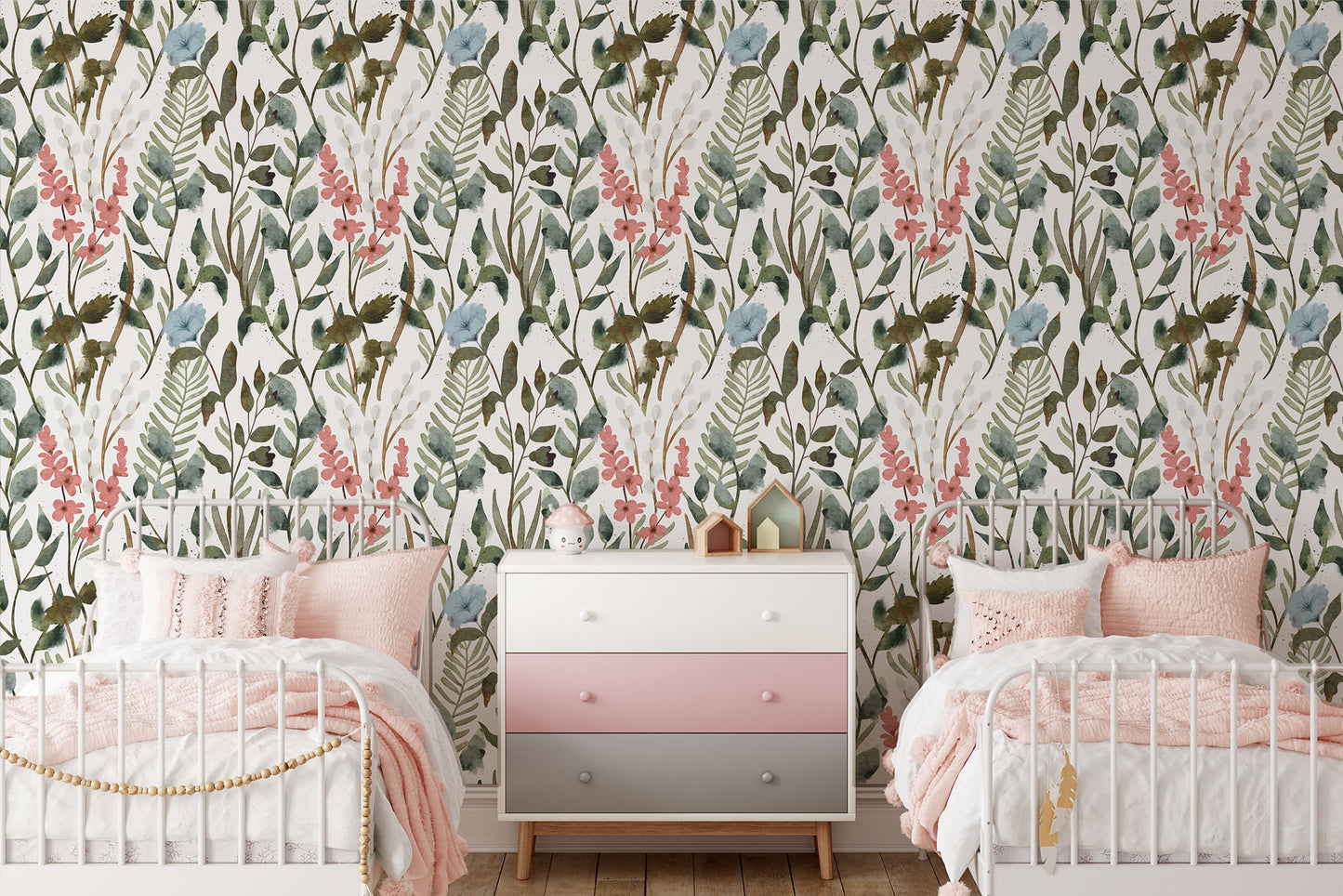 Whimsical pink, blue, green watercolour wildflower on white background easy to install and remove peel and stick custom wallpaper available in different lengths/sizes locally created and printed in Canada wallpaper. Washable, durable, commercial grade, removable and waterproof.