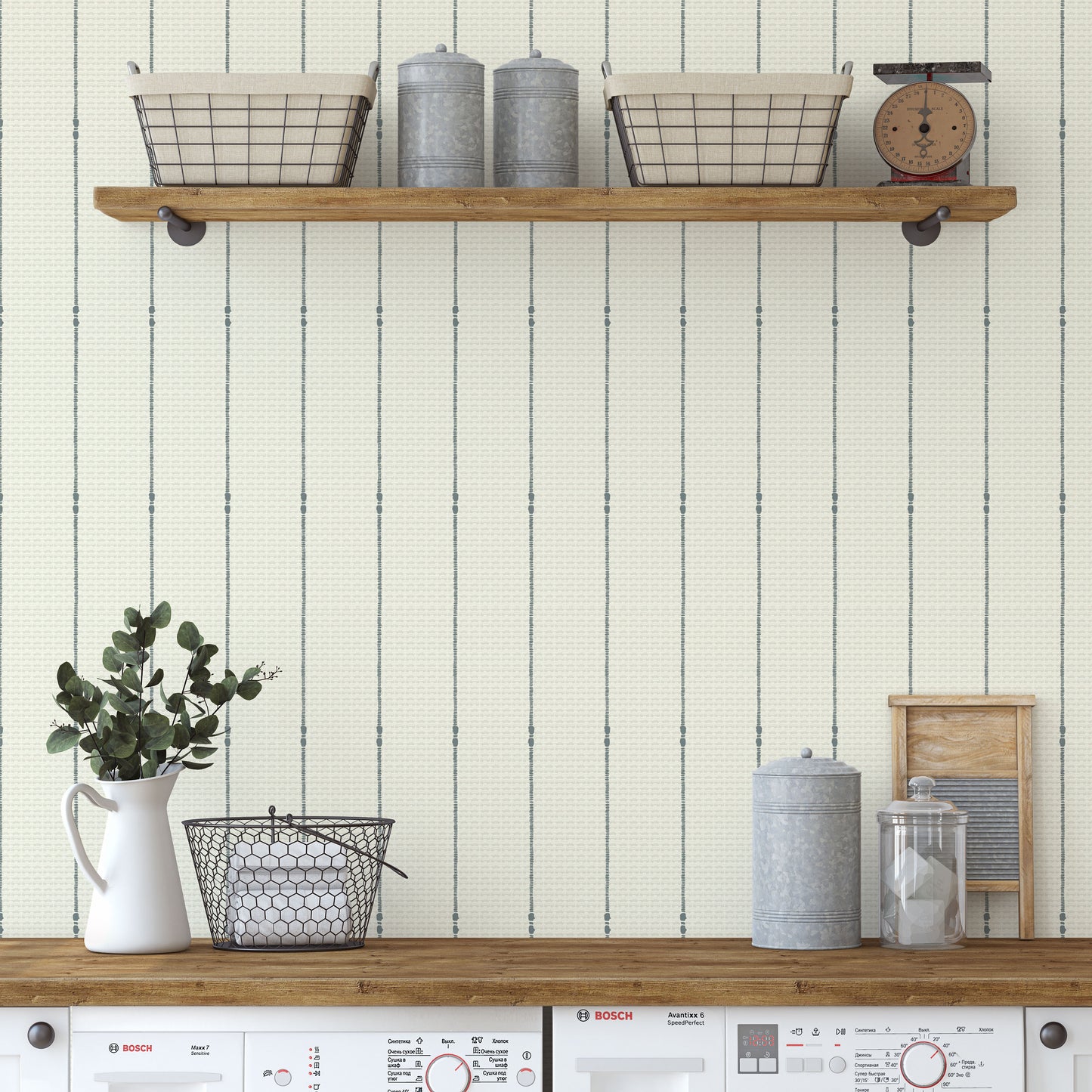 Whimsical woven stripes on cream background easy to install and remove peel and stick custom wallpaper available in different lengths/sizes locally created and printed in Canada wallpaper. Washable, durable, commercial grade, removable and waterproof.