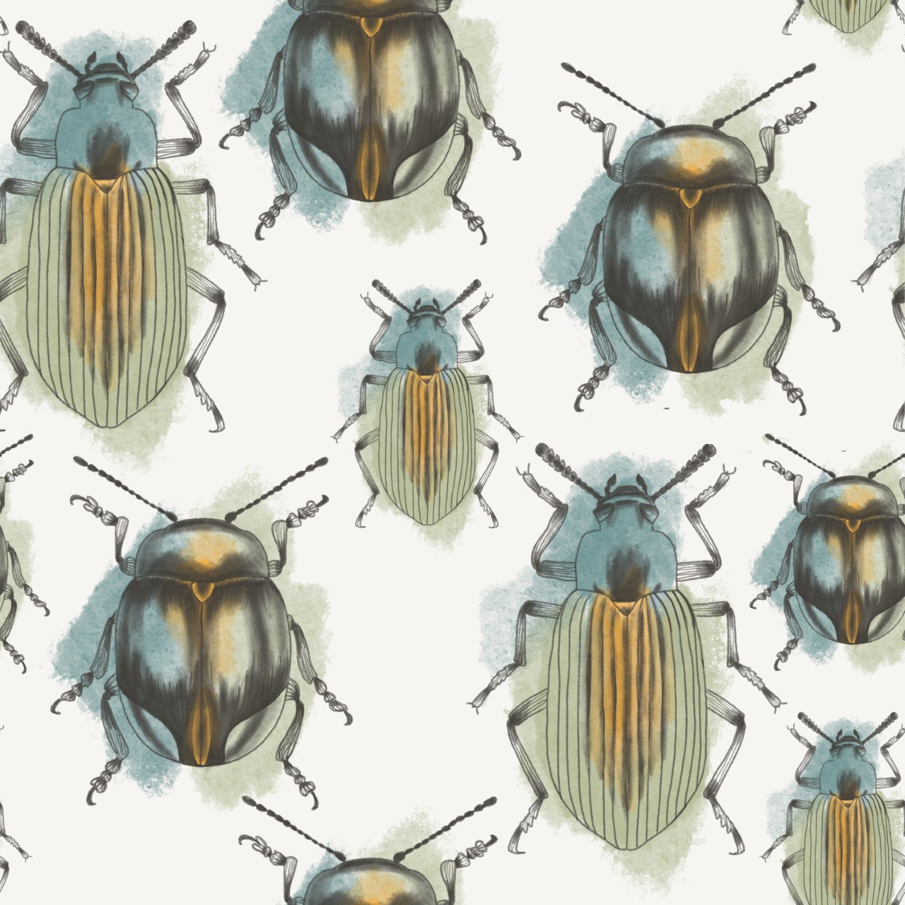 Green, blue, orange and black cute bugs and beetles on white background easy to install and remove peel and stick custom wallpaper available in different lengths/sizes locally created and printed in Canada. Removable, washable, durable, commercial grade and water proof.