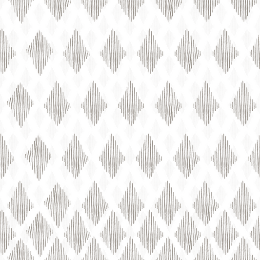 Grey/Gray large boho diamonds on white background easy to install and remove peel and stick custom wallpaper available in different lengths/sizes locally created and printed in Canada. Removable, washable, durable, commercial grade, customizable and water proof.