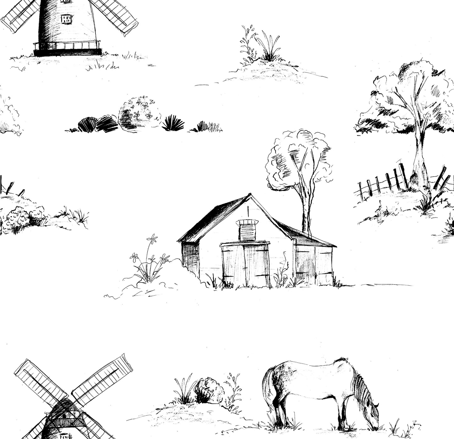 Black barn western farm print on cream background easy to install and remove peel and stick custom wallpaper available in different lengths/sizes locally created and printed in Canada wallpaper. Washable, durable, commercial grade, removable and waterproof.