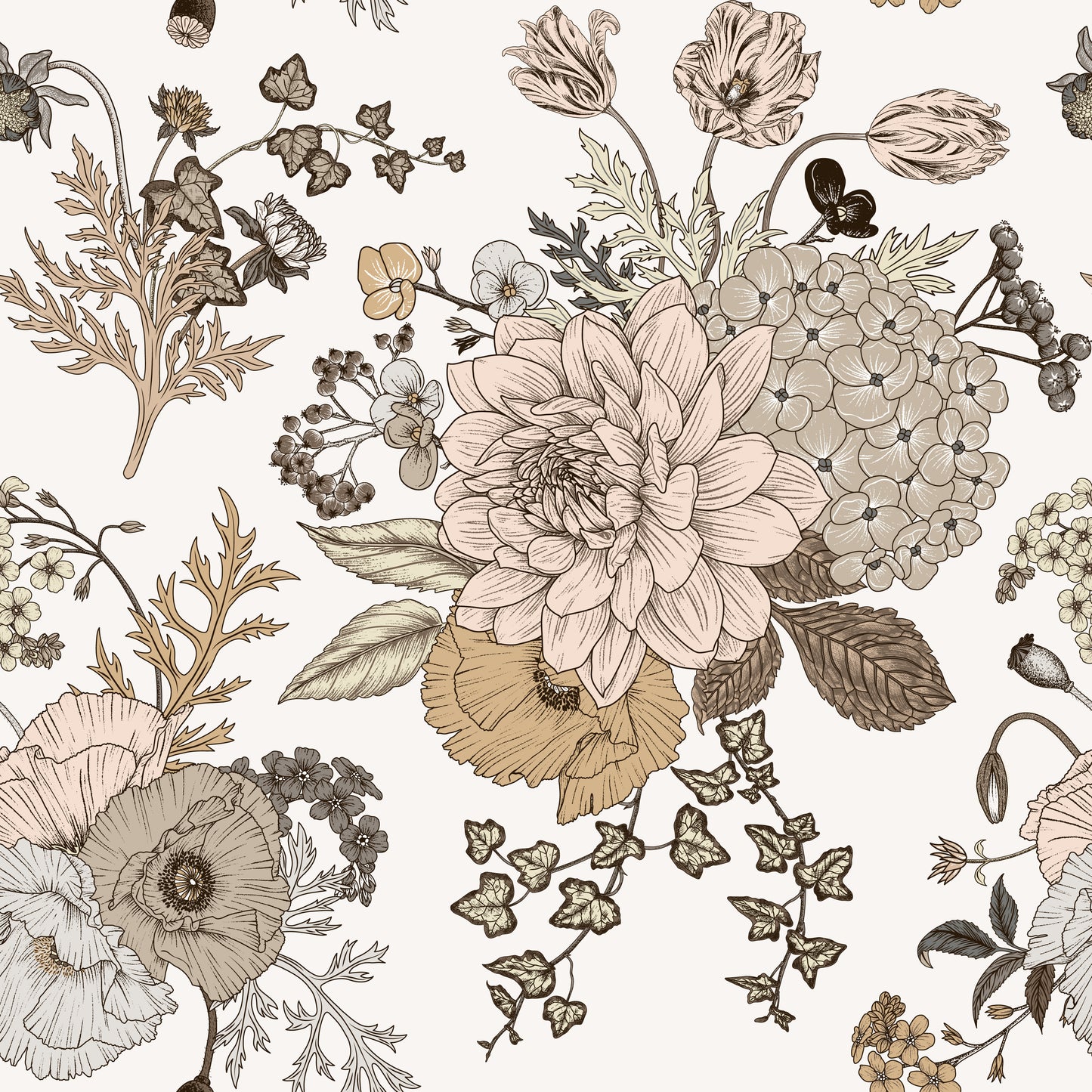 Vintage boho bouquet taupe, brown and cream floral bouquet print on white background easy to install and remove peel and stick custom wallpaper available in different lengths/sizes locally created and printed in Canada wallpaper. Washable, durable, commercial grade, removable and waterproof.