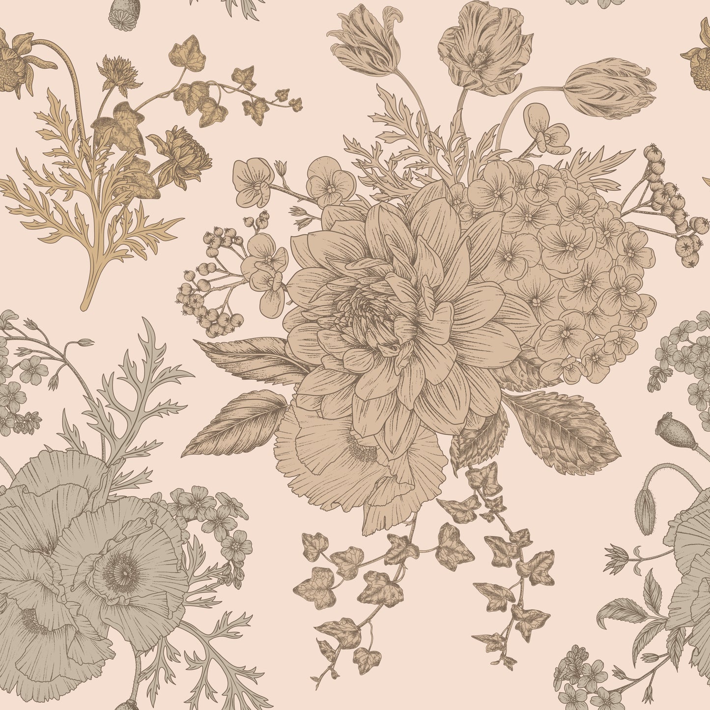 Vintage boho bouquet taupe floral bouquet print on cream background easy to install and remove peel and stick custom wallpaper available in different lengths/sizes locally created and printed in Canada wallpaper. Washable, durable, commercial grade, removable and waterproof.