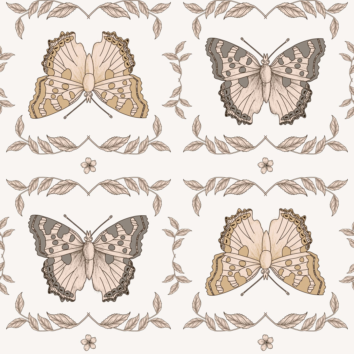 Neutral butterflies on white background easy to install and remove peel and stick custom wallpaper available in different lengths/sizes locally created and printed in Canada. Removable, washable, durable, commercial grade, customizable and water proof.