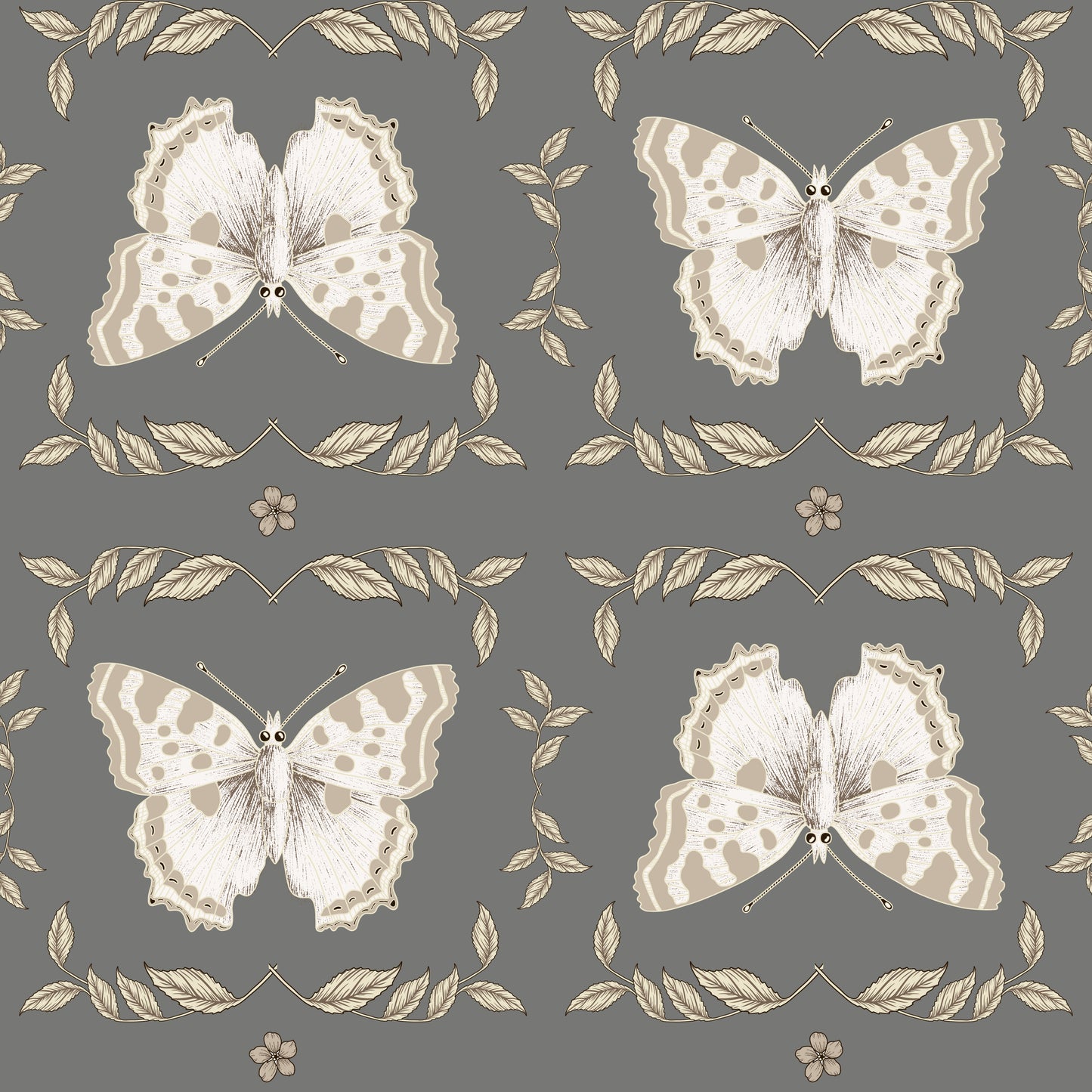 Neutral butterflies on grey/gray background easy to install and remove peel and stick custom wallpaper available in different lengths/sizes locally created and printed in Canada. Removable, washable, durable, commercial grade, customizable and water proof.