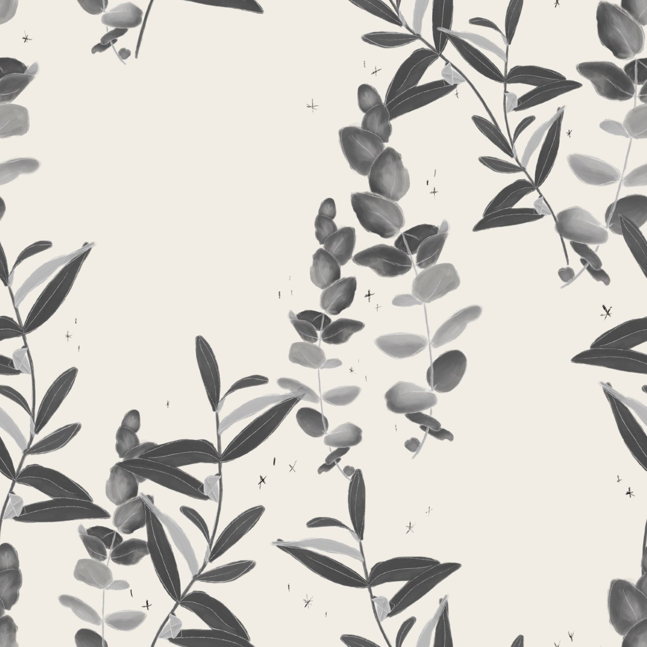 Muted green/grey/gray eucalyptus & olive foliage/leaves on cream background easy to install and remove peel and stick custom wallpaper available in different lengths/sizes locally created and printed in Canada. Removable, washable, durable, commercial grade, customizable and water proof.
