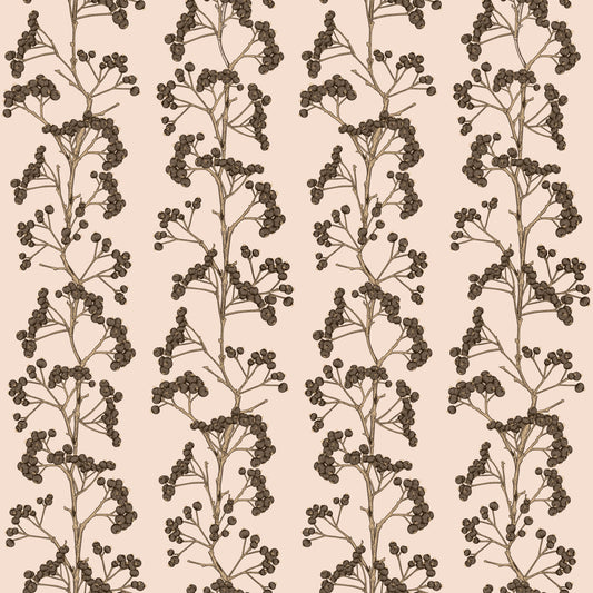 Brown firethorn print on rose/pink background easy to install and remove peel and stick custom wallpaper available in different lengths/sizes locally created and printed in Canada. Removable, washable, durable, commercial grade, customizable and water proof.