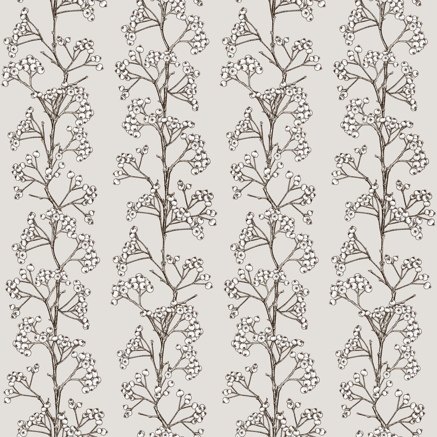 Grey/gray firethorns print on white background easy to install and remove peel and stick custom wallpaper available in different lengths/sizes locally created and printed in Canada. Removable, washable, durable, commercial grade, customizable and water proof.