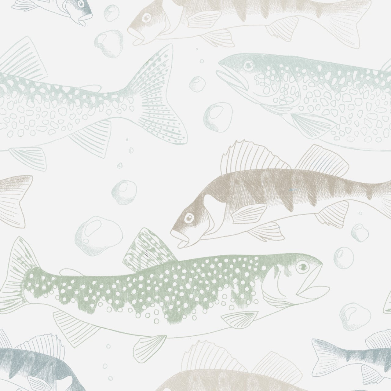Neutral green, blue and cream fish design on white background easy to install and remove peel and stick custom wallpaper available in different lengths/sizes locally created and printed in Canada Artichoke wallpaper. Washable, durable, commercial grade, removable and waterproof.