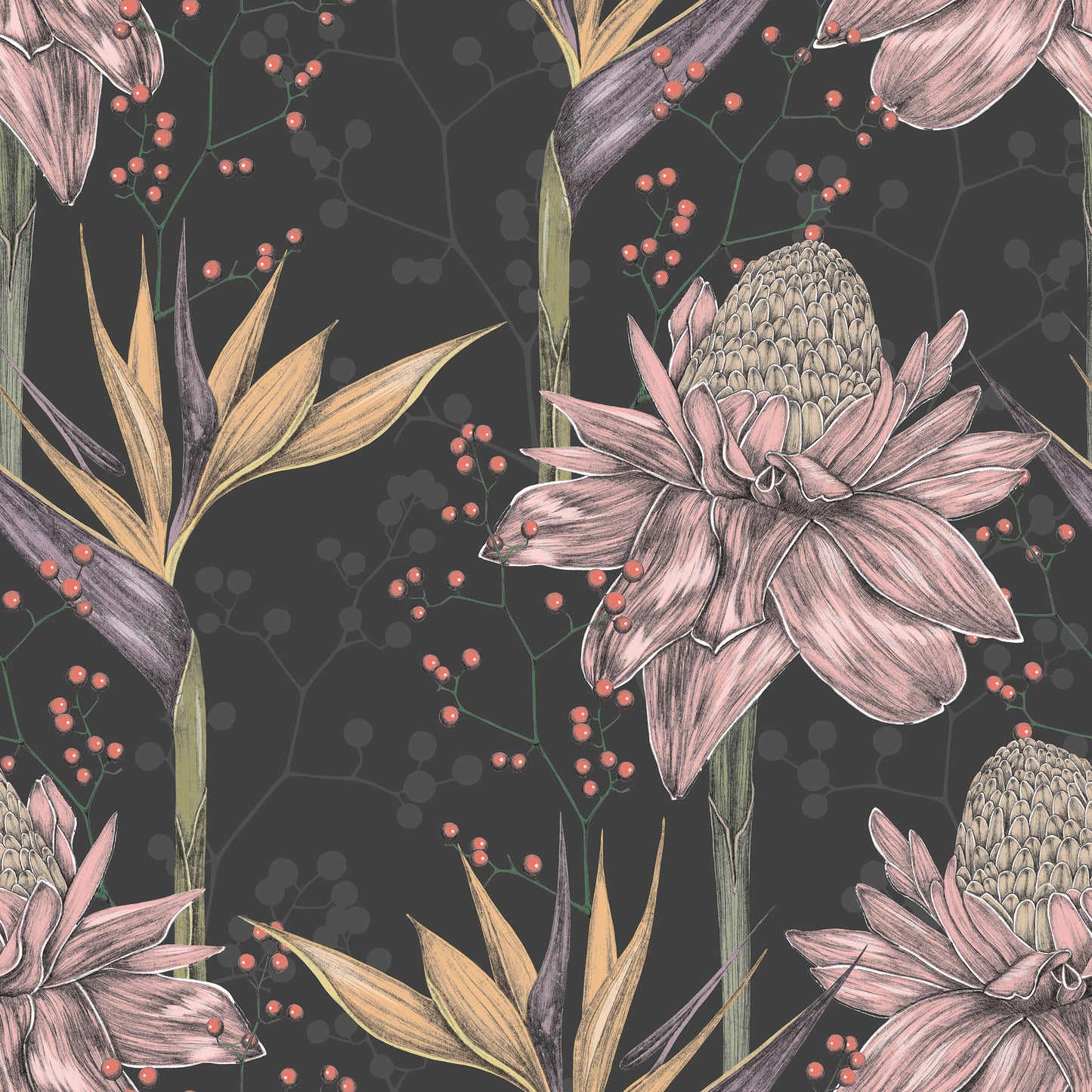 Foral paradise rose/pink and green floral print with yellow, brown and green birds of paradise flowers on black background easy to install and remove peel and stick custom wallpaper available in different lengths/sizes locally created and printed in Canada. Removable, washable, durable, commercial grade, customizable and water proof.