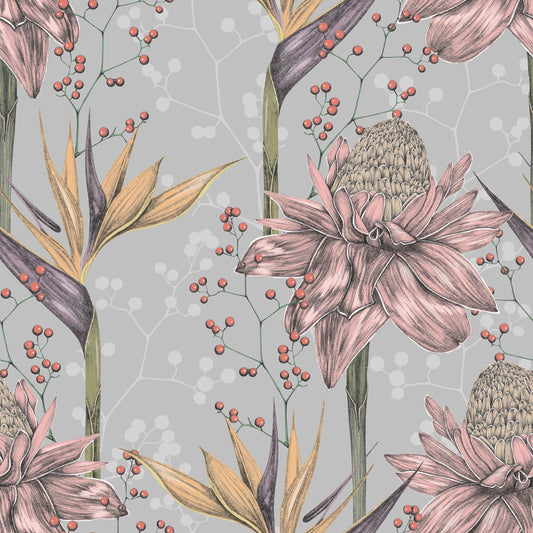 Foral paradise rose/pink and green floral print with yellow, brown and green birds of paradise flowers on light grey/gray background easy to install and remove peel and stick custom wallpaper available in different lengths/sizes locally created and printed in Canada. Removable, washable, durable, commercial grade, customizable and water proof.
