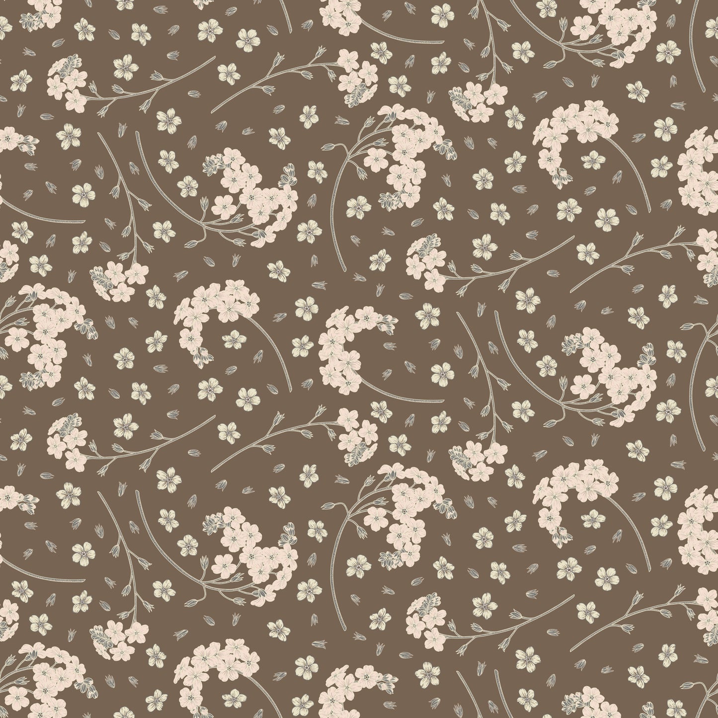 White forget me not flower print on brown background easy to install and remove peel and stick custom wallpaper available in different lengths/sizes locally created and printed in Canada. Removable, washable, durable, commercial grade, customizable and water proof.