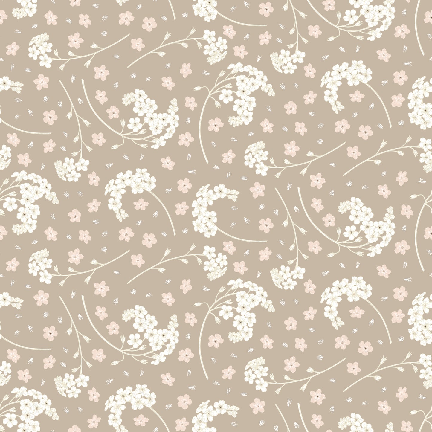 White forget me not flower print on cream/beige background easy to install and remove peel and stick custom wallpaper available in different lengths/sizes locally created and printed in Canada. Removable, washable, durable, commercial grade, customizable and water proof.