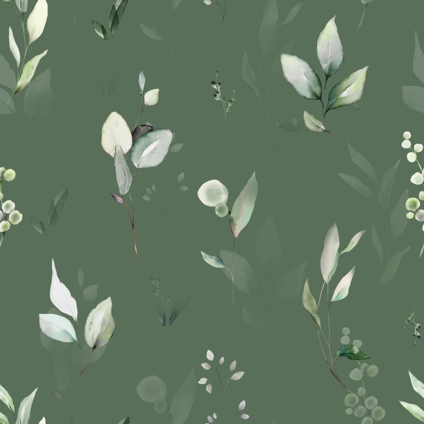 Whimsical green water colour greenery print on green background easy to install and remove peel and stick custom wallpaper available in different lengths/sizes locally created and printed in Canada wallpaper. Washable, durable, commercial grade, removable and waterproof.
