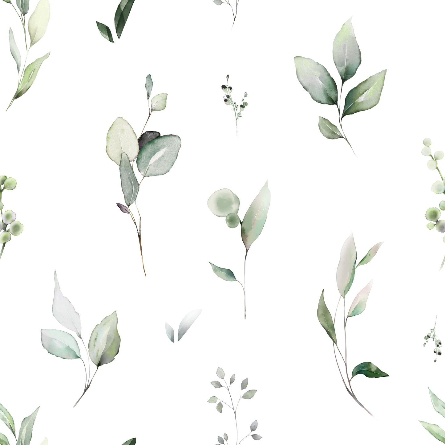 Whimsical green water colour greenery print on white background easy to install and remove peel and stick custom wallpaper available in different lengths/sizes locally created and printed in Canada wallpaper. Washable, durable, commercial grade, removable and waterproof.