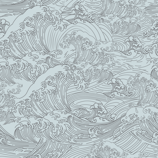 Black hokusai wave pattern on light blue background easy to install and remove peel and stick custom wallpaper available in different lengths/sizes locally created and printed in Canada Artichoke wallpaper. Washable, durable, commercial grade, removable and waterproof.