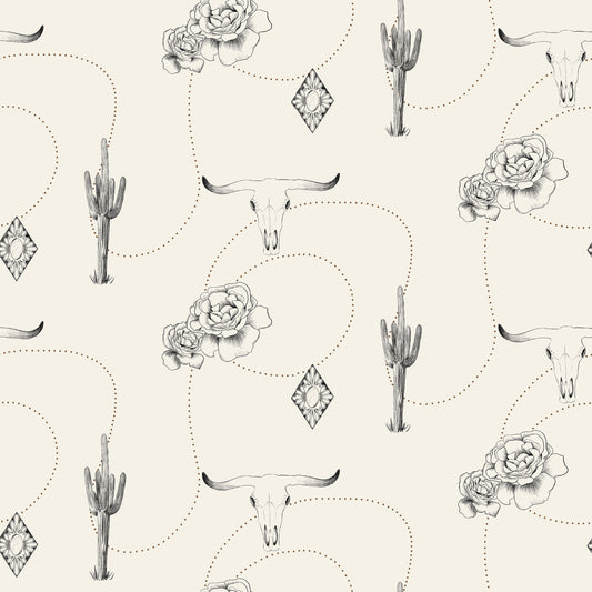 Cowgirl rose, desert, bull skull & cactus print on white background easy to install and remove peel and stick custom wallpaper available in different lengths/sizes locally created and printed in Canada Artichoke wallpaper. Washable, durable, commercial grade, removable and waterproof.