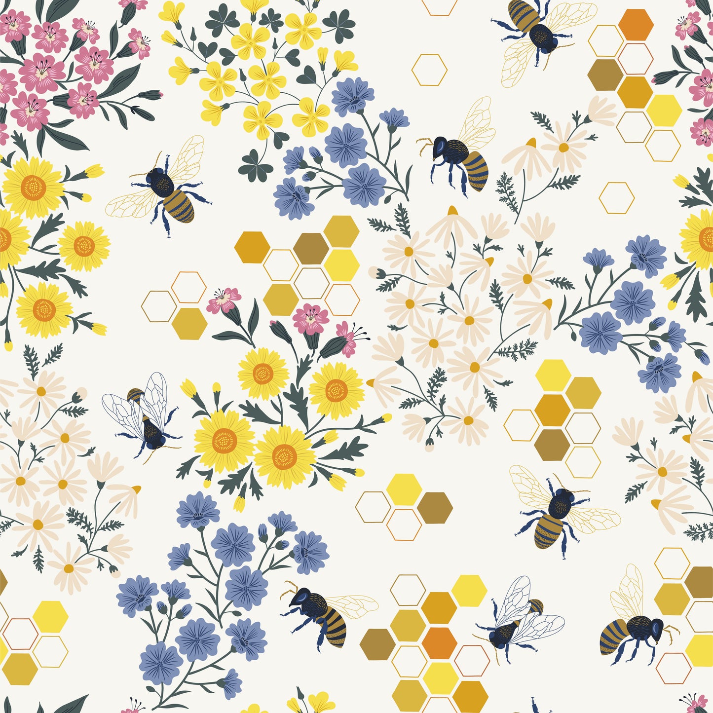Honey Meadow floral honeycomb and honey bee pattern on white background easy to install and remove peel and stick custom wallpaper available in different lengths/sizes locally created and printed in Canada Artichoke wallpaper. Washable, durable, commercial grade, removable and waterproof.