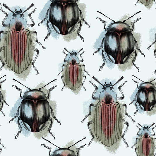 Pink, blue, green and black cute beetle/bug with white background easy to install and remove peel and stick custom wallpaper available in different lengths/sizes locally created and printed in Canada. Removable, commercial grade, durable, washable and waterproof.