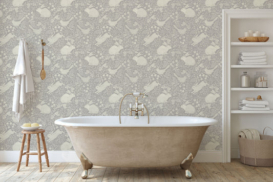 Cream bunny/rabbit and bird pattern on light grey/gray background easy to install and remove peel and stick custom wallpaper available in different lengths/sizes locally created and printed in Canada Artichoke wallpaper. Washable, durable, commercial grade, removable and waterproof.