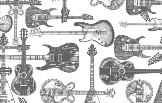 Large scale charcoal grey/gray guitar print on white background easy to install and remove peel and stick custom wallpaper available in different lengths/sizes locally created and printed in Canada Artichoke wallpaper. Washable, durable, commercial grade, removable and waterproof.