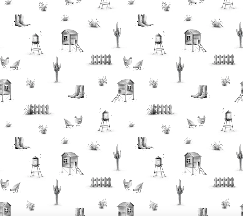 Grey/gray farmyard chicken coop water tower print on white background easy to install and remove peel and stick custom wallpaper available in different lengths/sizes locally created and printed in Canada. Removable, washable, durable, commercial grade, customizable and water proof.