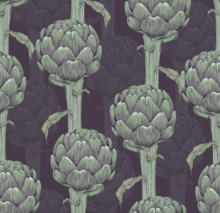Classic green artichoke with black background easy to install and remove peel and stick custom wallpaper available in different lengths/sizes locally created and printed in Canada. Waterproof, washable, removable, commercial grade and durable.