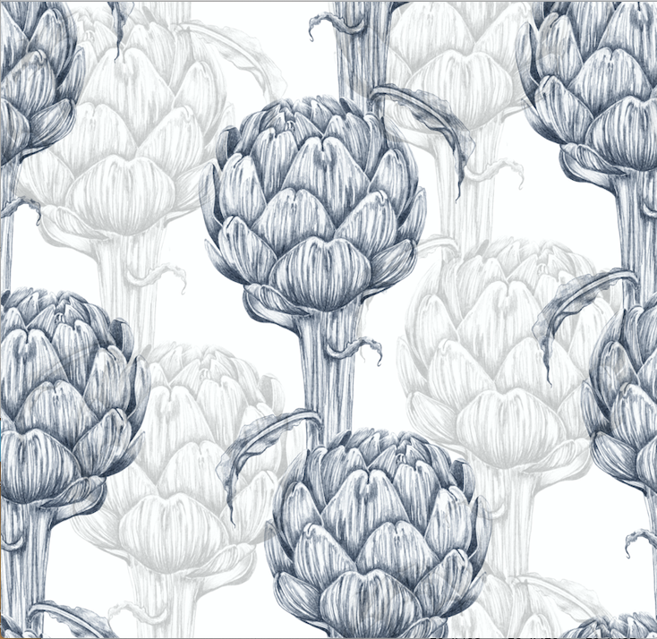 Blue artichoke with white background easy to install and remove peel and stick custom wallpaper available in different lengths/sizes locally created and printed in Canada. Waterproof, washable, removable, commercial grade and durable.