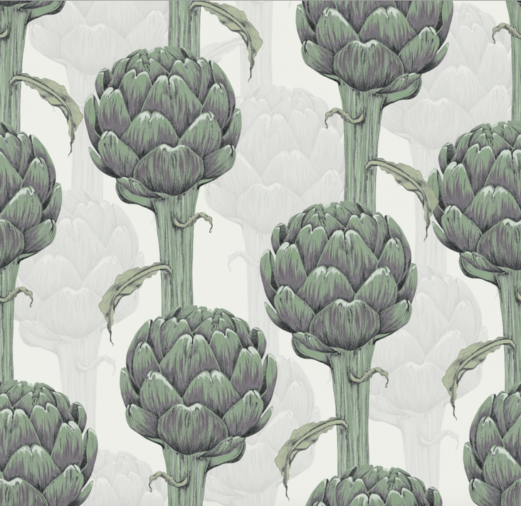 Classic green artichoke with light grey/gray background easy to install and remove peel and stick custom wallpaper available in different lengths/sizes locally created and printed in Canada. Removable, waterproof, washable, commercial grade and Durable.
